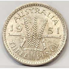 AUSTRALIA 1951 PL . THREEPENCE . MINOR ERROR . CLIPPED PLANCHET